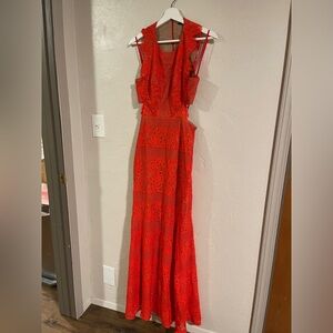 Maxazaria dress in a beautiful late summer/early fall, dark shade of coral.